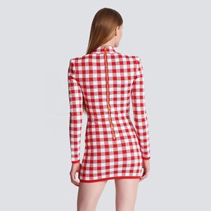 Kadınlar zarif elbiseler kırmızı ekose jakarlı Vintage moda düğme giyim üreticileri ile uzun kollu bandaj Mini elbise giymek - Product Image 2