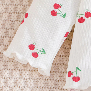 Ensemble décontracté deux pièces pour bébé fille, printemps-automne, tissu en spandex/polyester, haut à manches longues à rayures, pantalon à imprimé cerise - Product Image 6