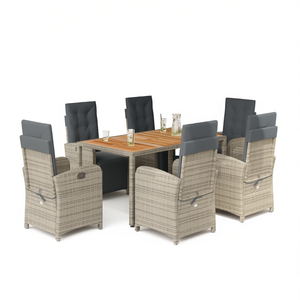 Ensemble de salle à manger de jardin gris 6 places, table en rotin et teck, mobilier d'extérieur, design contemporain, résistant aux intempéries - Product Image 1