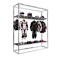 Étagères de présentation pour magasin de sport au design moderne, présentoirs argentés pour magasin de sport, présentoir pour vêtements de sport et motocyclettes
