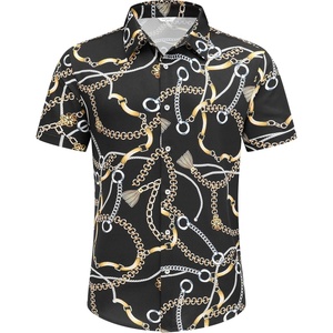 Maillots de bain pour hommes <span class=keywords><strong>Chemise</strong></span> de plage de luxe imprimée en chaîne dorée noire <span class=keywords><strong>Chemise</strong></span> de plage baroque à manches courtes <span class=keywords><strong>Chemise</strong></span> hawaïenne décontractée boutonnée pour hommes - Product Image 1