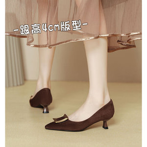 รองเท้าส้นสูงหัวแหลมทรงสลิมสำหรับผู้หญิง สไตล์ใหม่ปี 2025 สำหรับฤดูใบไม้ผลิ-ฤดูใบไม้ร่วง รองเท้าผู้หญิงสีดำหนังกลับกันลื่นแบบปลายเปิด - Product Image 4