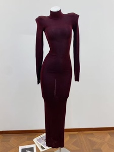Abito Lungo da Donna Autunno Inverno, Collo Alto, Aderente, Sottile, Sexy, <span class=keywords><strong>in</strong></span> <span class=keywords><strong>Maglia</strong></span> a Maniche Lunghe, Colore <span class=keywords><strong>Bordeaux</strong></span> - Product Image 1
