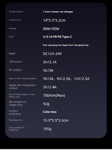 Pengisi Daya Mobil Cepat dengan Layar Digital LED, 2 Kabel Retraktil, Stasiun Ponsel Portabel 4-in-1 untuk iPhone 16 Tipe C, Tegangan 12-24V - Product Image 6