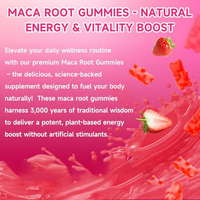 Gummies de Maca Saveur Fraise pour l'Énergie, l'Endurance, l'Humeur et l'Équilibre Hormonal – Complément de Bien-être Hormonal pour Adultes – 60 Unités – Cheveux