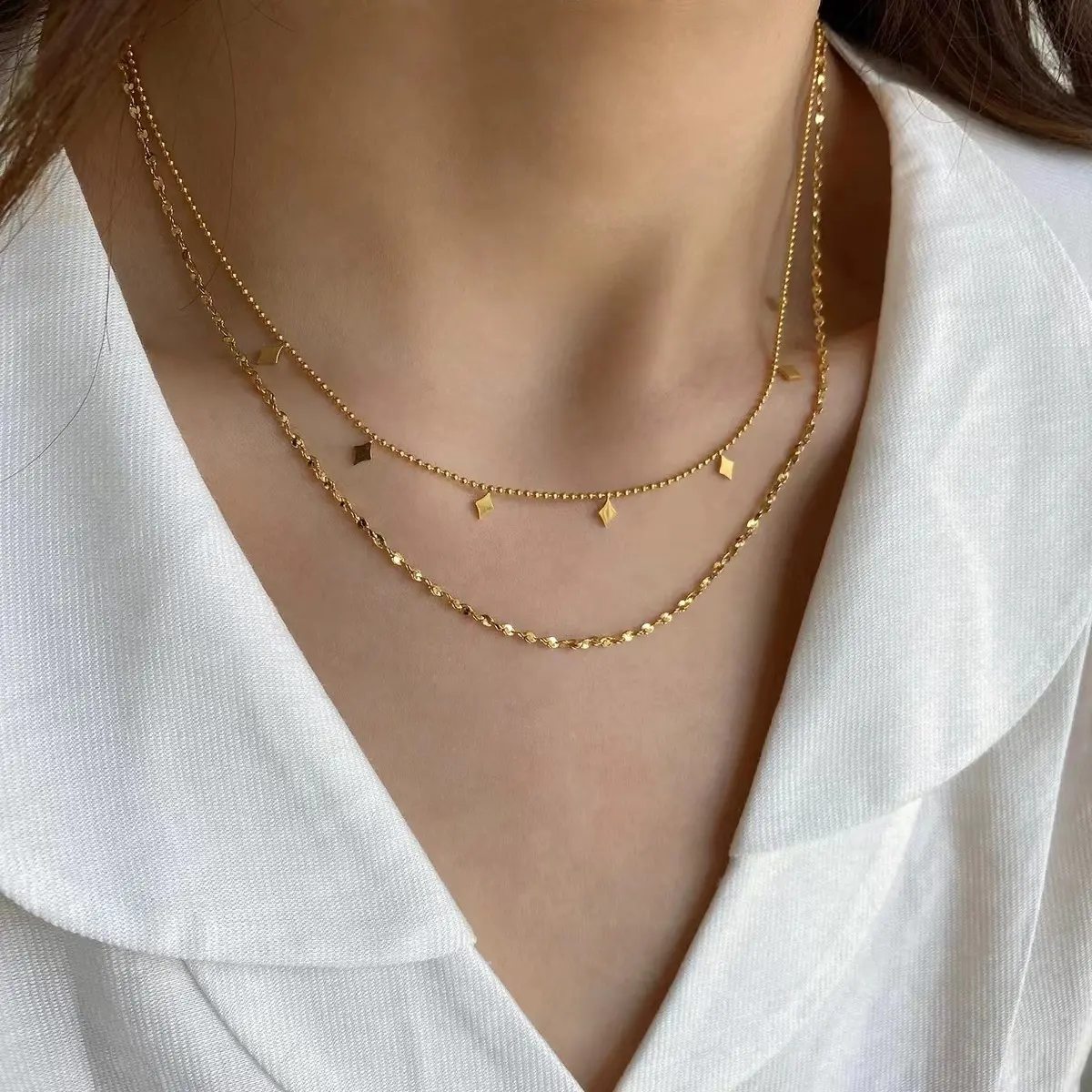 Collar de cadena de acero inoxidable chapado en oro de 18K para mujer, cadena de cuentas de lentejuelas con borlas de doble capa