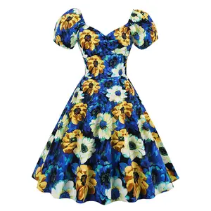 Linda mode coton imprimé fleuri robe vintage été rétro élégant manches bouffantes robe 50s 60s robe en coton