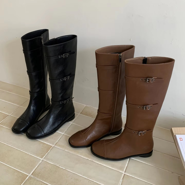Classic Buckle Strap Knee High Boots for Women Autumn Winter Casual Low Heels High Riding Boot Round Toe Lady Shoes