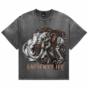 Camiseta de manga corta para hombre, estilo vintage, lavada y desgastada, de algodón grueso, con estampado de mamut mecánico, cuello redondo, oversize, estilo punk urbano - Product Image 1
