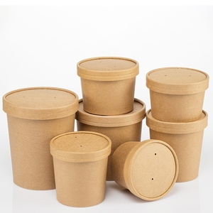 Takeaway Food Container Noodle Bowls Hot Soup Cups Kraft Paper with Paper Flat Lid Eco Friendly Disposable Craft Paper Cup
