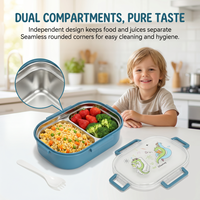 Boîte à lunch bento pour enfants en acier inoxydable 304 avec 2 compartiments, récipient alimentaire thermique étanche avec fourchette pour les enfants d'âge scolaire