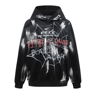 Felpa con cappuccio da uomo con stampa Vintage in cotone 100% peso massimo con Logo con disegno stinto e motivo stendue Streetwear tinta con colletto con cappuccio - Product Image 1