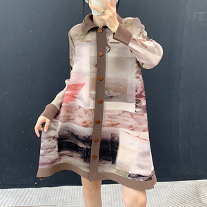 Printed splicing <b>cardigan</b> 2026 autumn new style loose long plus size women's clothing slim and fashionable Casual Dress - Product Image 1