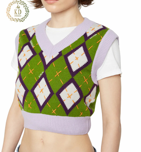 KD Knitwear Manufacturer Custom OEM ODM Jacquard Applique Knit Undershirt Plaid Sleeveless <strong>Argyle</strong> Women <strong>Sweater</strong> <strong>Vest</strong> - Product Image 2