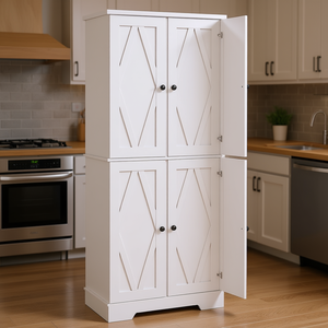 White Farmhouse 4-Door Freestanding Pantry Cabinet With Adjustable <b>Shelves</b> <b>Kitchen</b> Storage Cabinet - Product Image 2
