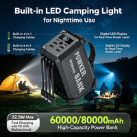 Power Bank Pengisian Cepat 60000/80000mAh 22.5W dengan 4 Kabel Terintegrasi, Lampu Camping LED, dan Output Multi-Port (USB-A + USB-C)