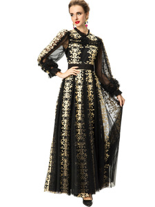 Abito formale retrò con scollo <span class=keywords><strong>a</strong></span> V, ricamato, <span class=keywords><strong>a</strong></span> maniche lunghe e larghe, lunghezza maxi, abbigliamento femminile in stile europeo. - Product Image 2