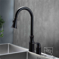 Keran Dapur Hitam Matte dengan Semprotan Tarik Turun, Lengkung Tinggi, Pegangan Tunggal, Pemasangan di Dek, 2 Lubang, Aksen Tembaga, Keran Wastafel Fungsi Ganda