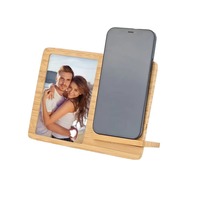 Cadre photo sans fil 2 en 1 en bambou naturel, chargeur rapide 15W, support de téléphone, décoration de bureau, logo personnalisé imprimé
