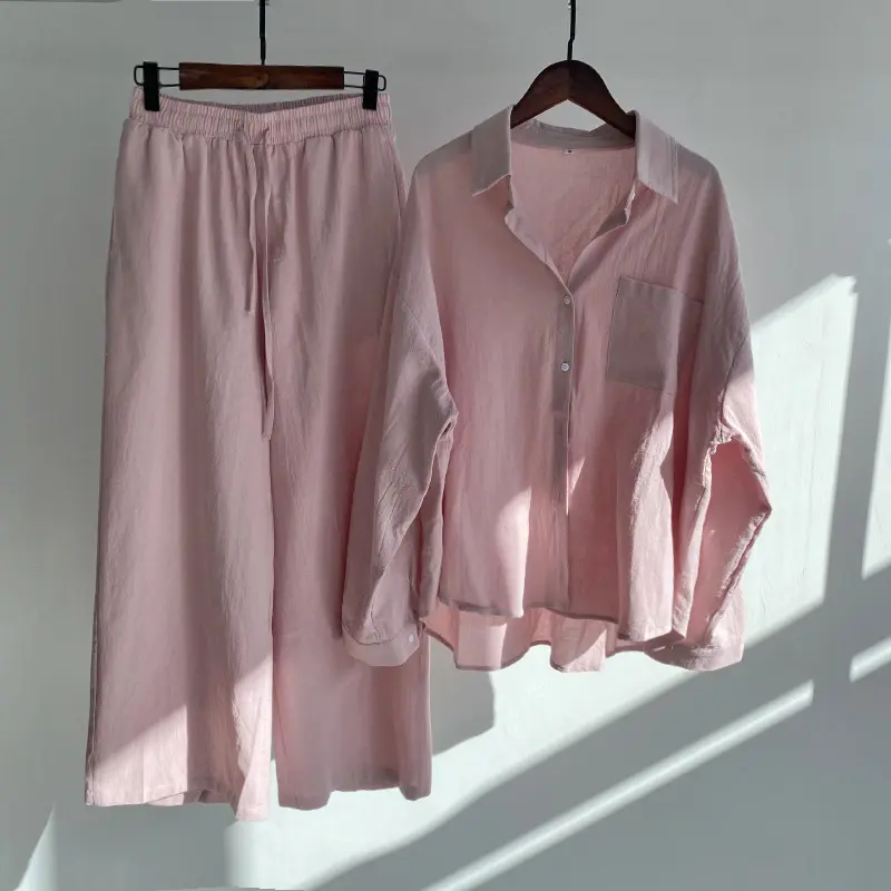 Groothandel 2024 Verkopende Nieuwe Ramie Katoen Effen Kleur Shirt Set Hoge Taille Losse Elastische Taille Broek Tweedelige Set
