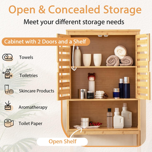 Bamboo Storage Cabinet for Bathroom and <b>Laundry</b> Room Adjustable Toilet Shelf <b>Stand</b> Space-Saving Organizer with Cupboard - Product Image 3