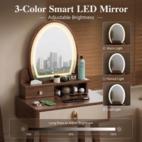 Coiffeuse moderne en bois massif avec miroir LED 3 couleurs, petite table de maquillage de 60 cm pour chambre à coucher, bureau de maquillage avec rangement et tabouret inclus