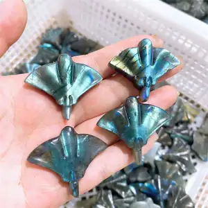 热卖天然蓝色拉布拉多鱼雕刻宝石愈合石水晶魔鬼鱼工艺品