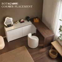 Ensemble coiffeuse en bois multi-niveaux finition huilée avec tiroirs, miroir LED nuage trois couleurs, rails à ouverture par pression, meuble de rangement pour chambre à coucher