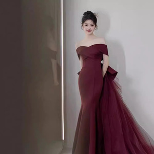 Wine Red Off The Shoulder Mermaid Evening Dress Asymmetric Tulle Skirt Formal Party Gown Women's Long Dress - Product Image 2