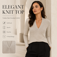 Pull en maille à col en V pour femme, manches longues, coupe ajustée, doux et extensible, chemise décontractée minimaliste pour l'automne et l'hiver