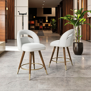 Set <strong>2</strong> 24-Inch Swivel Counter Height <strong>Bar</strong> <strong>Stools</strong> Adjustable Solid Wood Legs Velvet Backs Modern Design Iron Base Fixed Armrests - Product Image 5