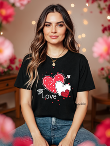 T-Shirt da Donna per San Valentino, Stampa Cuore Nero e Rosso, Collo Tondo, Casual, Leggera, Traspirante, in Cotone, Manica Corta, Primavera Estate - Product Image 2