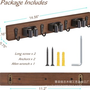 Wooden Wall Mounted <b>Mop</b> And Broom Rack With Hooks For <b>Cleaning</b> Supplies Storage Punch Free Installation - Product Image 2