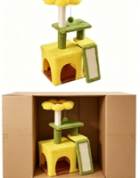 Arbre à chat multi-niveaux vert et jaune Tournesol avec tunnel-caverne, rampe en sisal, plusieurs plateformes, poteau à gratter en sisal et éléments suspendus