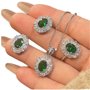 Nouvel ensemble de bijoux pour femme en acier inoxydable plaqué cuivre et platine, avec collier, boucles d'oreilles et bague, motif coquille ovale, vert, pour anniversaire et fête, idéal pour offrir - Product Image 4