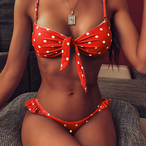 Women's Red Polka Dot Bikini Set <b>Bandeau</b> <b>Top</b> With Tie Front Ruffle Bottom Thong Swimwear Stretch Polyester Spandex Two Piece - Product Image 1