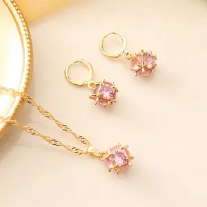 Fashion zircon small square hole charm gold-plated hoop necklace earrings women's jewelry set