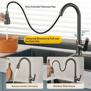 <span class=keywords><strong>Robinet</strong></span> de cuisine rétractable chaud/froid gris anthracite électroplaqué tout cuivre avec commande par bouton-poussoir et cartouche céramique simple - Product Image 2