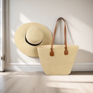 Sac de plage et chapeau en paille tressée avec poignées en cuir de bonne qualité, ensemble sac fourre-tout - Product Image 5