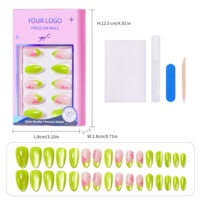 32 pièces Faux ongles à presser vert lime néon, motif floral rose, French manucure, forme amande, couvrance totale, faits main, vente en gros