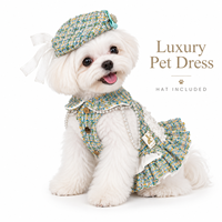 Robe de luxe en tweed pour animaux de compagnie avec chapeau assorti, robe pour chien à volants en dentelle perlée pour petits chiens, tenue de mode pour animaux de compagnie