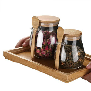 Frascos de té de vidrio transparente, latas con orejas y cucharas, tarro de almacenamiento de té y café perfumado con tapa de bambú <span class=keywords><strong>para</strong></span> comida de fiesta de <span class=keywords><strong>cocina</strong></span> - Product Image 5