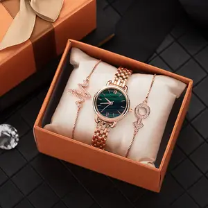 한국 여성 옥 녹색 다이얼 가장 인기있는 석영 손목 시계 3 PCS 팔찌 및 시계 세트 패션 숙녀 시계 선물 세트