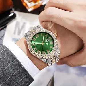 Relógio de pulso banda de aço masculino Hip hop Roman escala diamante embutidos calendário quartzo relógios negócio relógio para homens