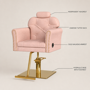 Sillón de Peluquería de Lujo Estilo Francés, en Cuero Rosa con Tachuelas Doradas, Hidráulico y Reclinable - Product Image 4