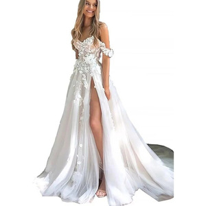 Abito <span class=keywords><strong>da</strong></span> <span class=keywords><strong>sposa</strong></span> a vita alta S2963L bianco con spacco alto con spacco floreale dal Design unico Tulle leggero - Product Image 5