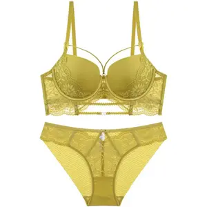 French sexy hollowed out lace underwear for women with small breasts, adjustable bra, anti sagging and up holding bra set