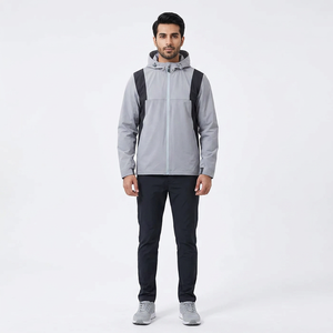 Custom Canvas Stand Collar <b>Light</b> Gray Black Contrast Hooded <b>Jacket</b> Full Zip Outdoor Windbreaker <b>Waterproof</b> Trendy Sports Coat - Product Image 1
