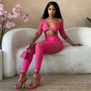 New Women's Solid Round Neckline With Hollowed Out Chest Sexy Slim Fitting Jumpsuit - Product Image 1