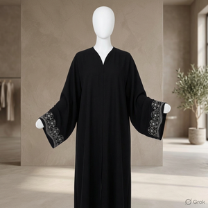 Abaya en Chiffon Noir de Luxe avec Broderie Florale sur les Poignets - Product Image 2